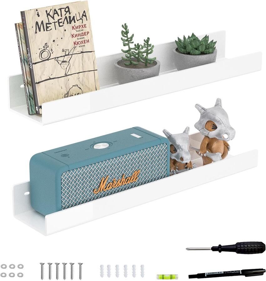 Hexsonhoma 46 cm witte acryl wandplank 2-pack wandplankorganizer voor boeken flessen kleine planten fotolijsten kruiden wijn decoratie en beeldjes