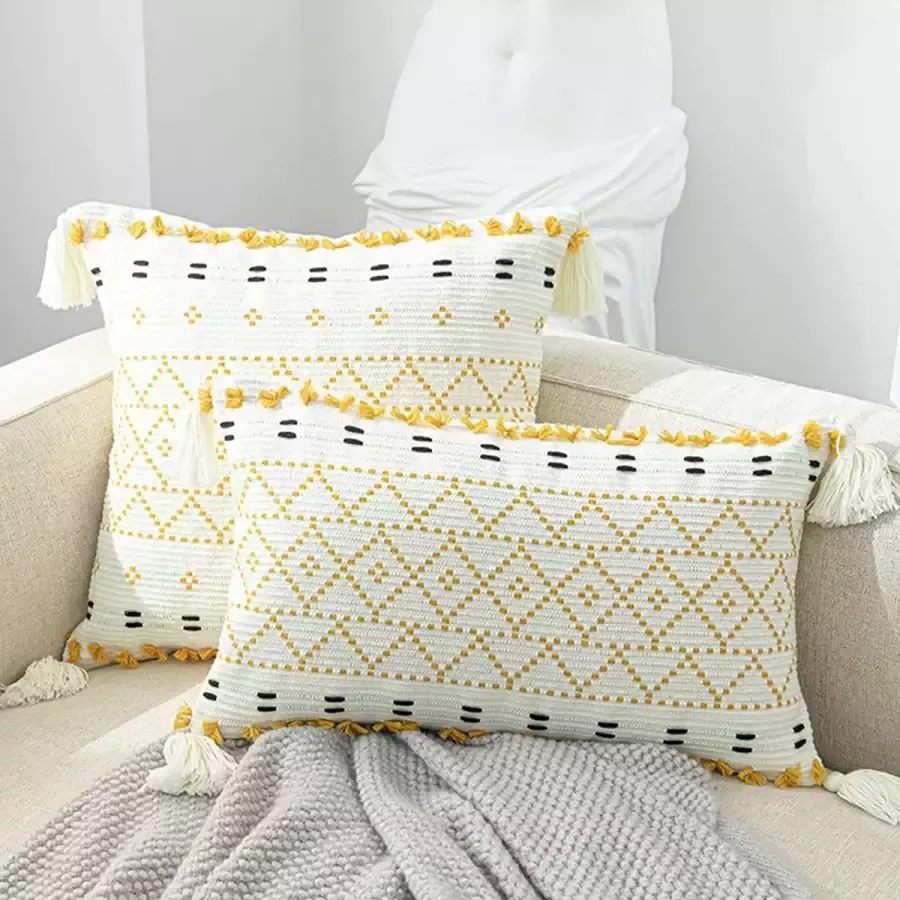 Hi-home set van 2 boho kussenhoezen boho-stijl kussenhoezen 30 x 50 cm gele kussenhoes decoratieve kussenhoes met kwastjes moderne decoratieve kussenhoes voor bank slaapkamer woonkamer