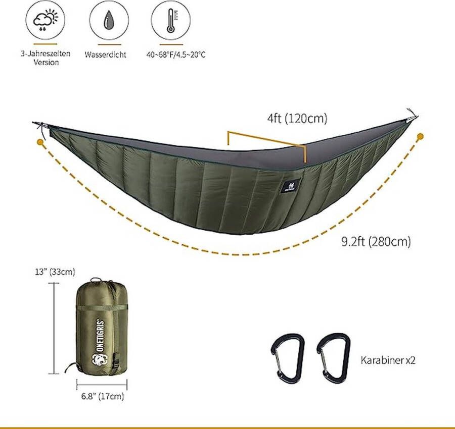 Hideout Hangmat Underquilt Slaapmatten Onderdeken voor hangmatten Deken Thermische bescherming Ultralight voor Outdoor Wandelen Kamperen 280x120cm (legergroen)