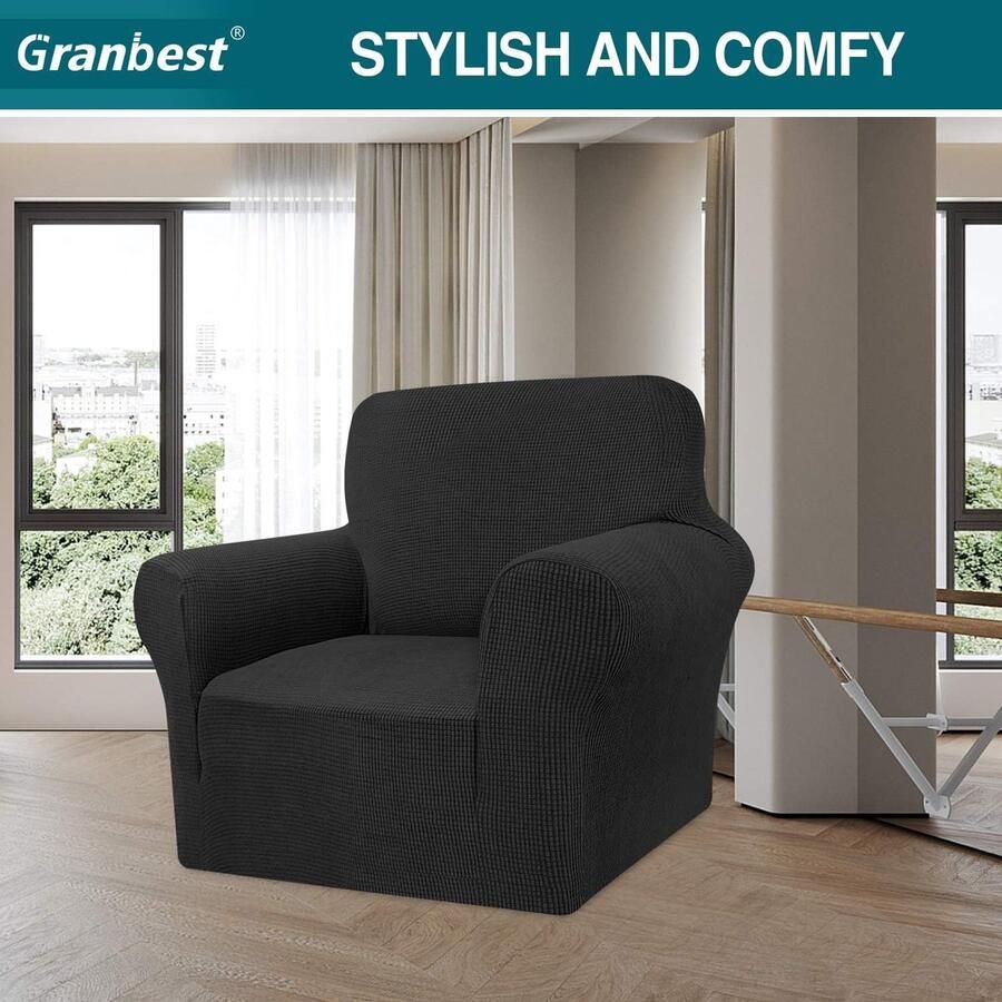 High Stretch bankovertrek moderne bankovertrek jacquard elastische bankovertrek voor woonkamer beschermer tegen honden en huisdieren (1-zits zwart)