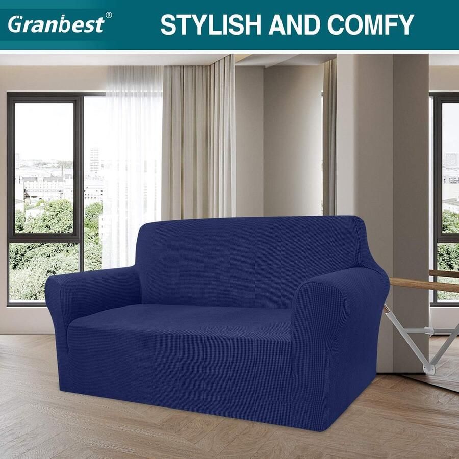 High Stretch bankovertrek moderne bankovertrek jacquard elastische bankovertrek voor woonkamer beschermer tegen honden en huisdieren (2-zits donkerblauw)