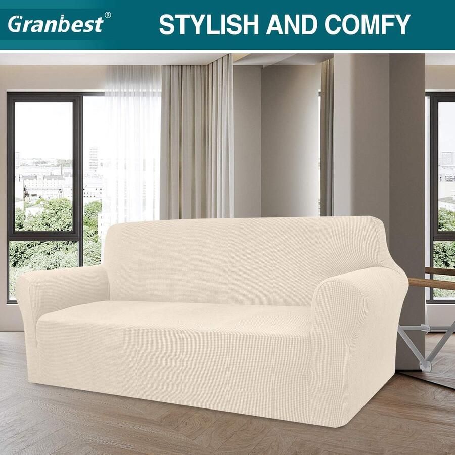 High Stretch bankovertrek moderne bankovertrek jacquard elastische bankovertrek voor woonkamer beschermer tegen honden en huisdieren (3-zits beige)