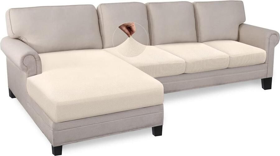 High Stretch Beige Sectionele Sofa Kussensloop 3-Zits + Chaise Inbegrepen