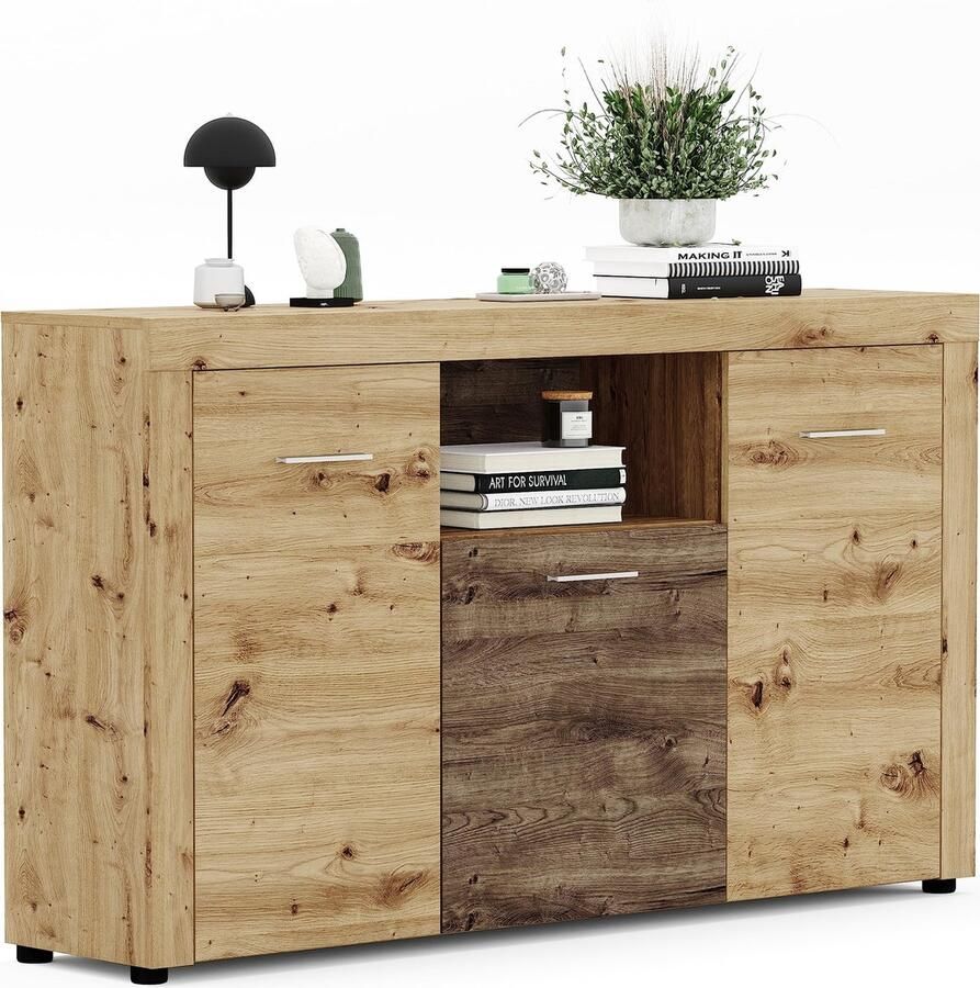 Rootz Living Rootz Highboard Fly in Artisan Oak Nb Eiken Ribbeck Kast met 3 deuren Dressoir met 3 planken Duurzaam houtmateriaal Bruin Groot FSC-gecertificeerd 144 cm x 117 cm x 35 cm