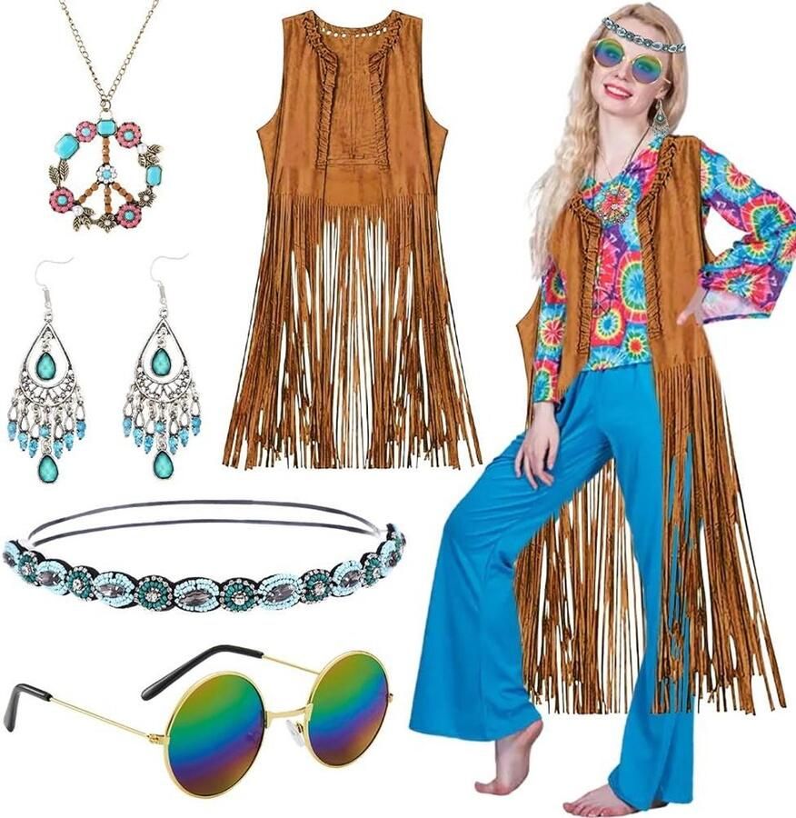 Titel: Hippiekostuum voor dames jaren '70 met accessoires Bril vest en Flower Power-S outfit