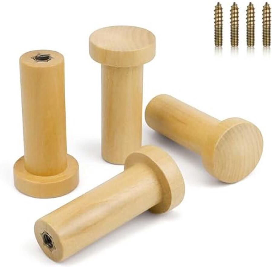 HJIAMA Pack van 4 houten kapstokhaken muurhaken kapstokhaken cilindrische houten haken met bevestigingsschroeven voor het ophangen van handdoeken kleding hoeden tassen