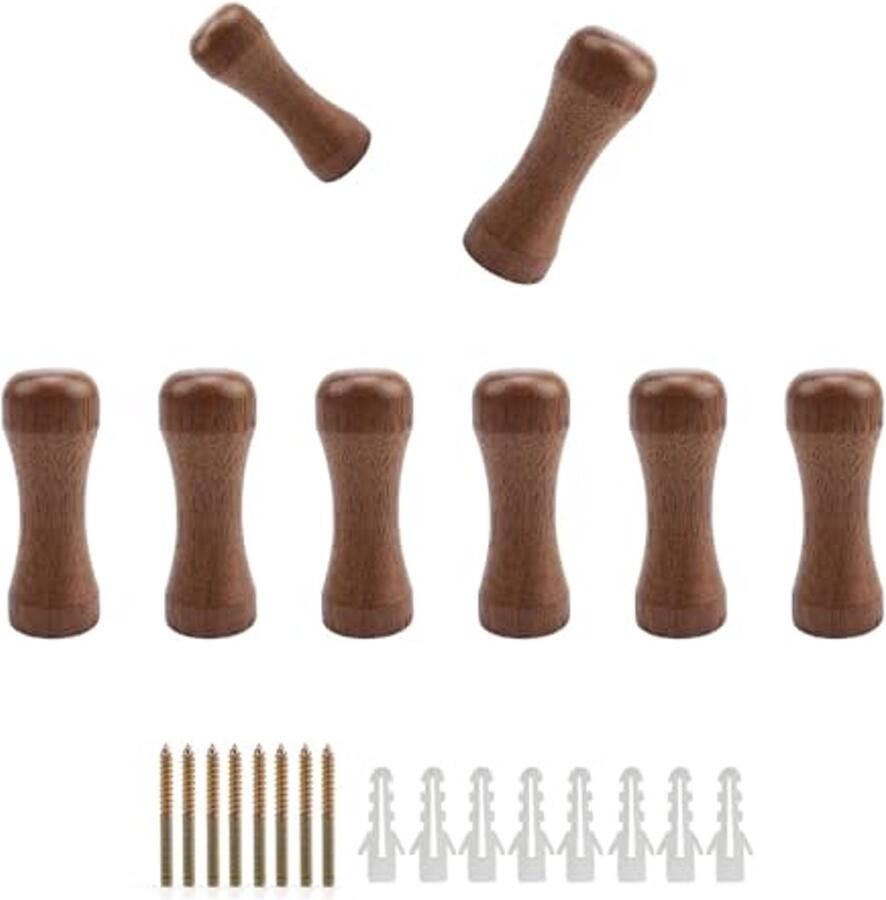 HJIAMA Pack van 8 houten kapstokhaken zwarte walnoothouten haken fijn gepolijst met dubbelzijdige schroeven expansiebuis houten muurhaken voor slaapkamers woonkamers balkons