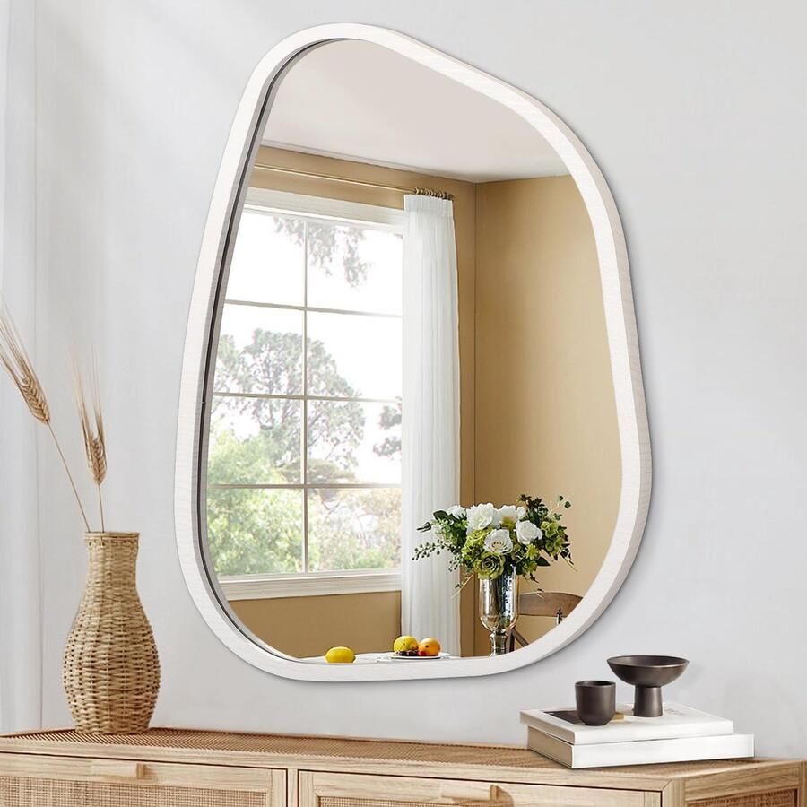 HLFMVWE Asymmetrische spiegel Kleine onregelmatige ovale wandspiegel Moderne houten frame Kaptafel artistieke spiegel Decoratief voor woonkamer Slaapkamer Badkamer 50 x 40 cm