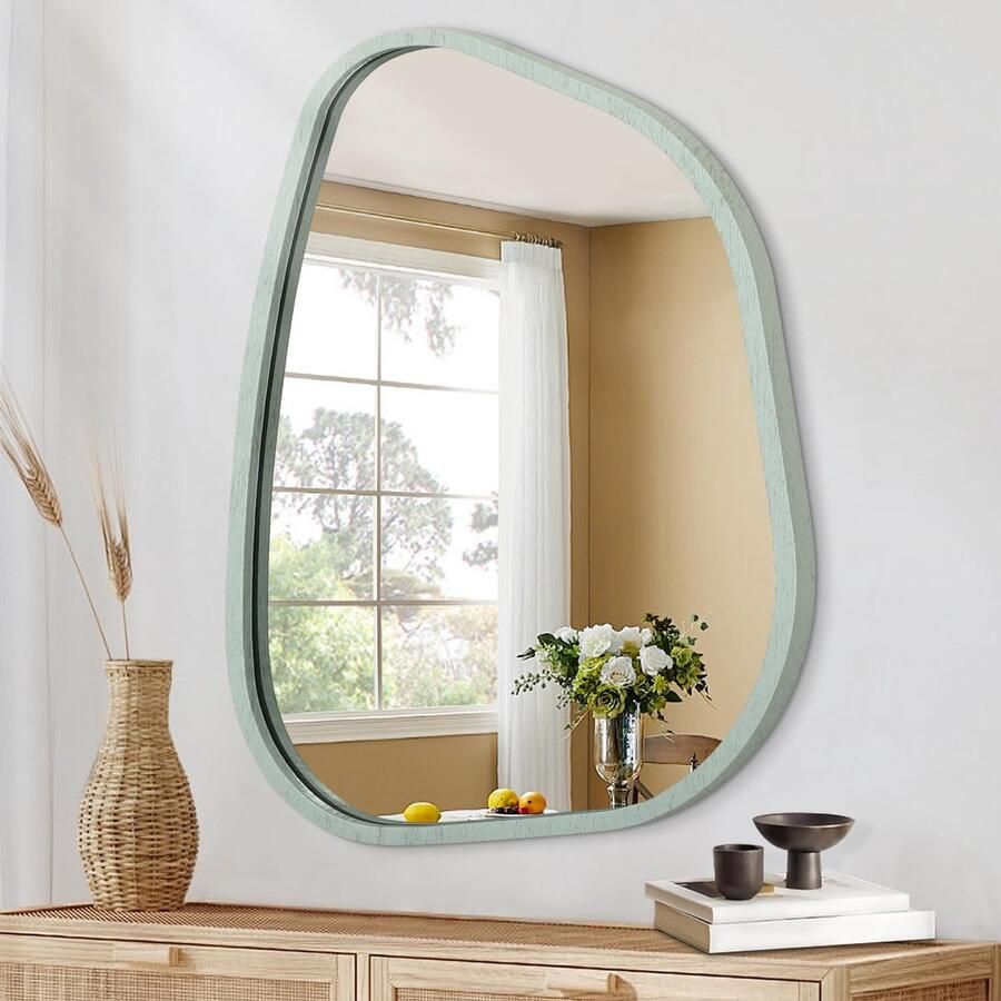 HLFMVWE Asymmetrische spiegel Kleine onregelmatige ovale wandspiegel Moderne houten frame Kaptafel artistieke spiegel Decoratief voor woonkamer Slaapkamer Badkamer 65 x 45 cm