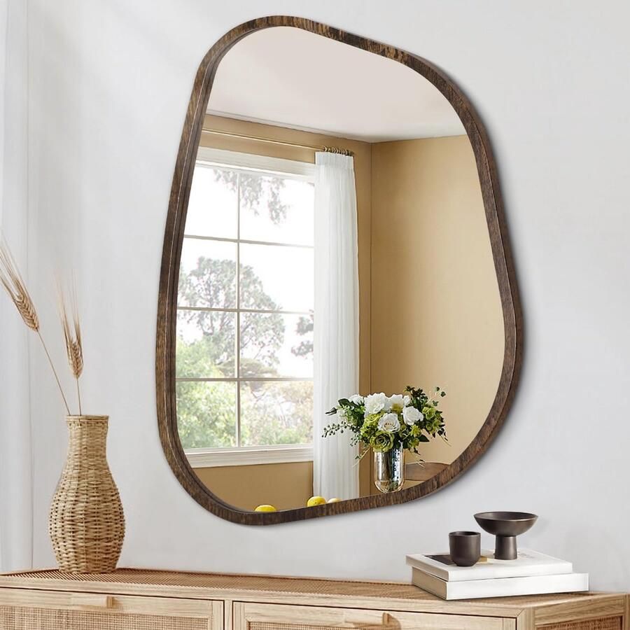 HLFMVWE Asymmetrische spiegel Onregelmatige ovale wandspiegel Moderne houten frame Kaptafel Artistieke spiegel Decoratief voor woonkamer Slaapkamer Badkamer Klein