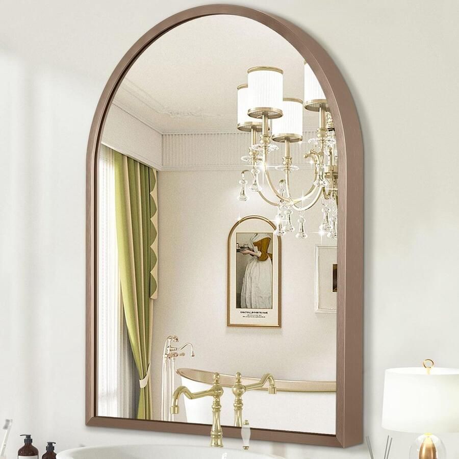 HLFMVWE Boogvormige wandspiegel 40 x 30 cm Grote badkamerspiegel van messing Metalen frame Spiegel voor aan de muur decoratie Kaptafel Woonkamer Slaapkamer Entree