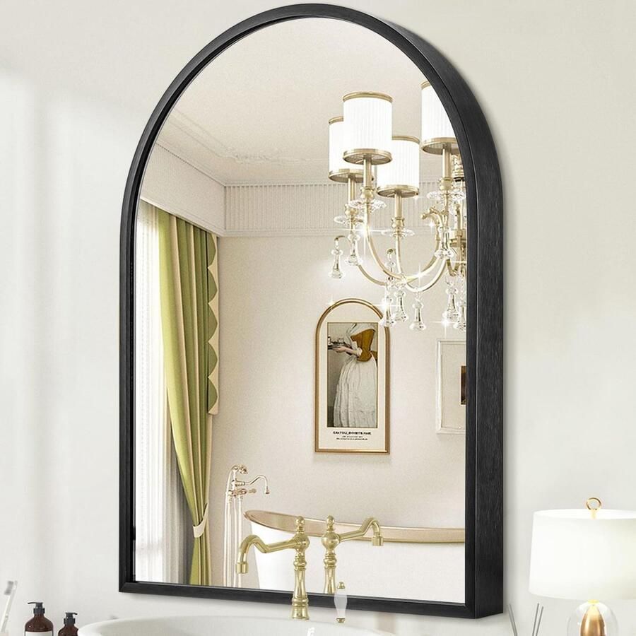 HLFMVWE Boogvormige Wandspiegel 70 x 50 cm Grote Zwarte Badkamerspiegel Metalen Frame Spiegel voor Wand Decoratie Kaptafel Slaapkamer Entree Woonkamer