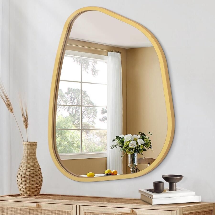 Onregelmatige asymmetrische spiegel voor aan de wand unieke kaptafelspiegel decoratieve kaptafelspiegel in de vorm van een kaptafel voor woonkamer badkamer slaapkamer hal wanddecoratie goud