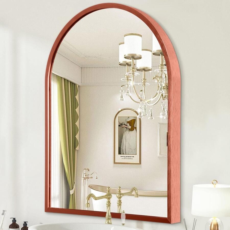 HLFMVWE Grote gebogen wandspiegel voor badkamer 70 x 50 cm Spiegel voor aan de muur Kaptafel Decor Slaapkamer Kaptafel Entree Woonkamer Metalen frame Koraalrood