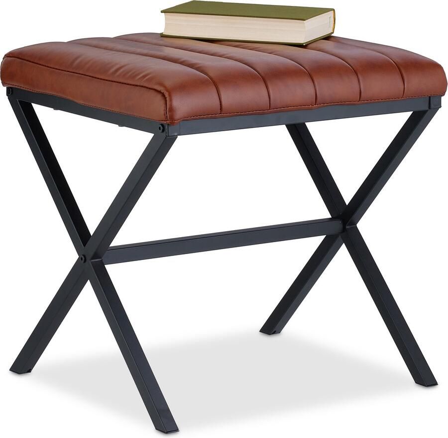 Relaxdays hocker voetenbank zitkrukje kunstleer industrieel metalen poten bruin