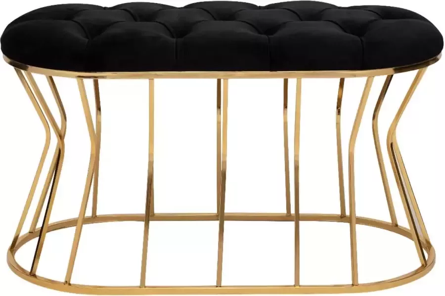 Bella Home Ziyan Hocker Velvet Fluweel Zwart Gouden onderstel Voetenbankje 90 x 50