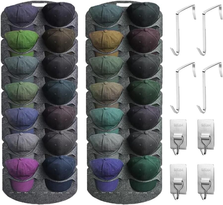 Hoedenhouder 2 stuks hoedhouders dubbele rijen opvouwbaar hoedhouder voor kledingkast organizer met 28 zakken en 8 haken honkbalhoedhouder voor het opbergen van hoeden en accessoires