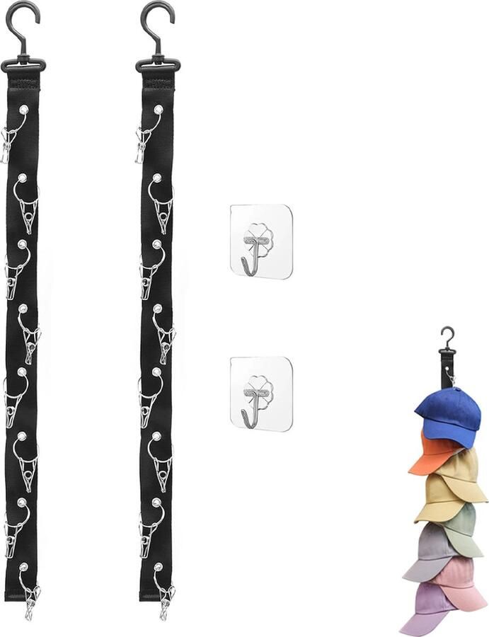 Hoedenrek 2 Stuks Cap Rack Organiser Voor Petjes Muurhoedenhaak Hat Holder Eenvoudig Hoedenrek- Kledinghanger Petjes Organizer Petten Houder Hangende Honkbalpet Wandmontage Met Haken 360 Graden Draaibaar 8 Hoedenopbergclips