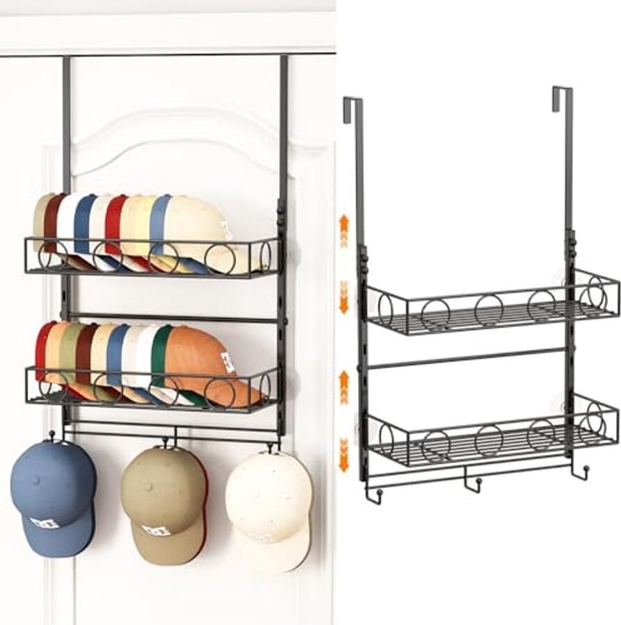 Hoedenrek 3 Tier Wandmontage met Verstelbare Mand en Haken voor Opslag van Baseball Caps
