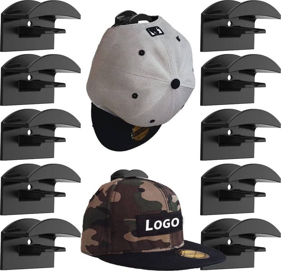 Hoedenrek voor aan de muur 10 stuks zelfklevende hoedenhaken pettenhaken voor wandmontage geschikt voor alle soorten hoeden sjaals tassen handdoeken koptelefoons (zwart)