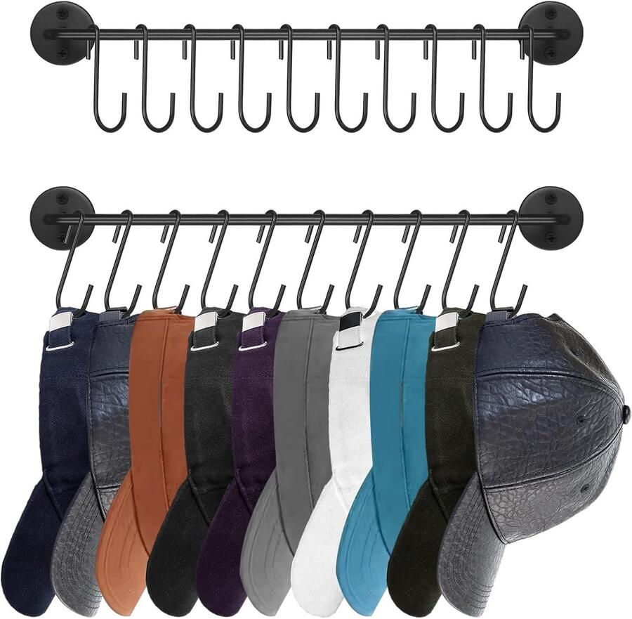 Hoedenrek voor aan de muur Baseballpetorganizer Hanger met 20 haken Moderne metalen hoedenhouder Aan de muur bevestigde pettendisplay voor kastdeur Slaapkamer Voorkamer Wasruimte set van 2