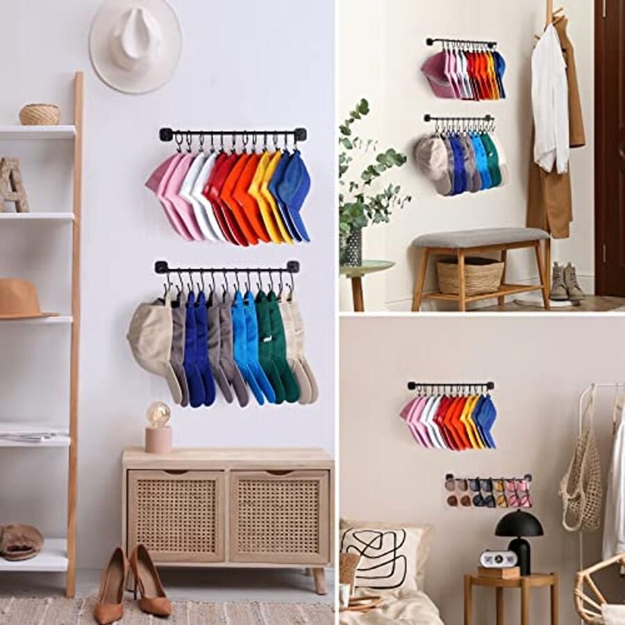 Hoedenrek voor Muur Metalen Organizer voor 24 Honkbalpetten met 12 Clips en 12 Haken Wandmontage voor Hoeden