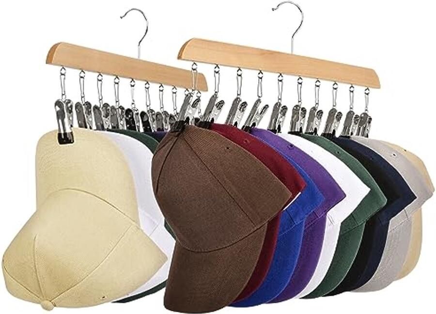 Hoedenrekken voor Baseballpetten 2 Stuks Houten Hoedenorganizer met 10 Roestvrijstalen Clips