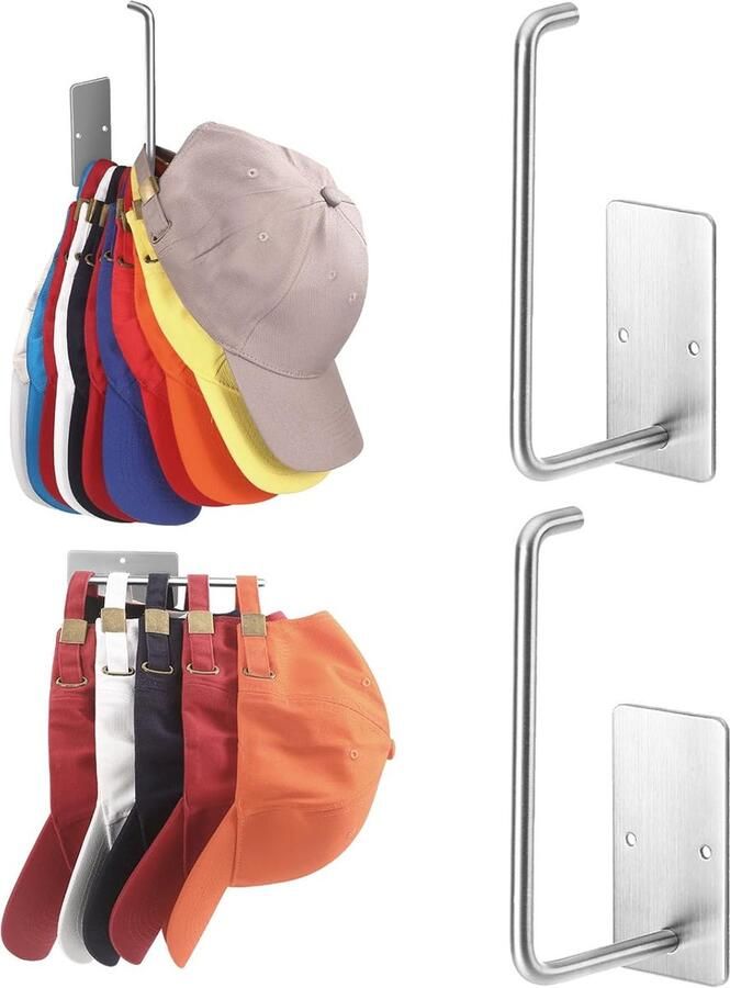 Hoedenrekken voor honkbalpetten 2 Stuks（Zliver） RVSklevende hoedenhangerhakenhouder voor aan de muur multifunctionele sterke haakorganizer kan meer dan 10 hoeden vasthouden voor deur kast