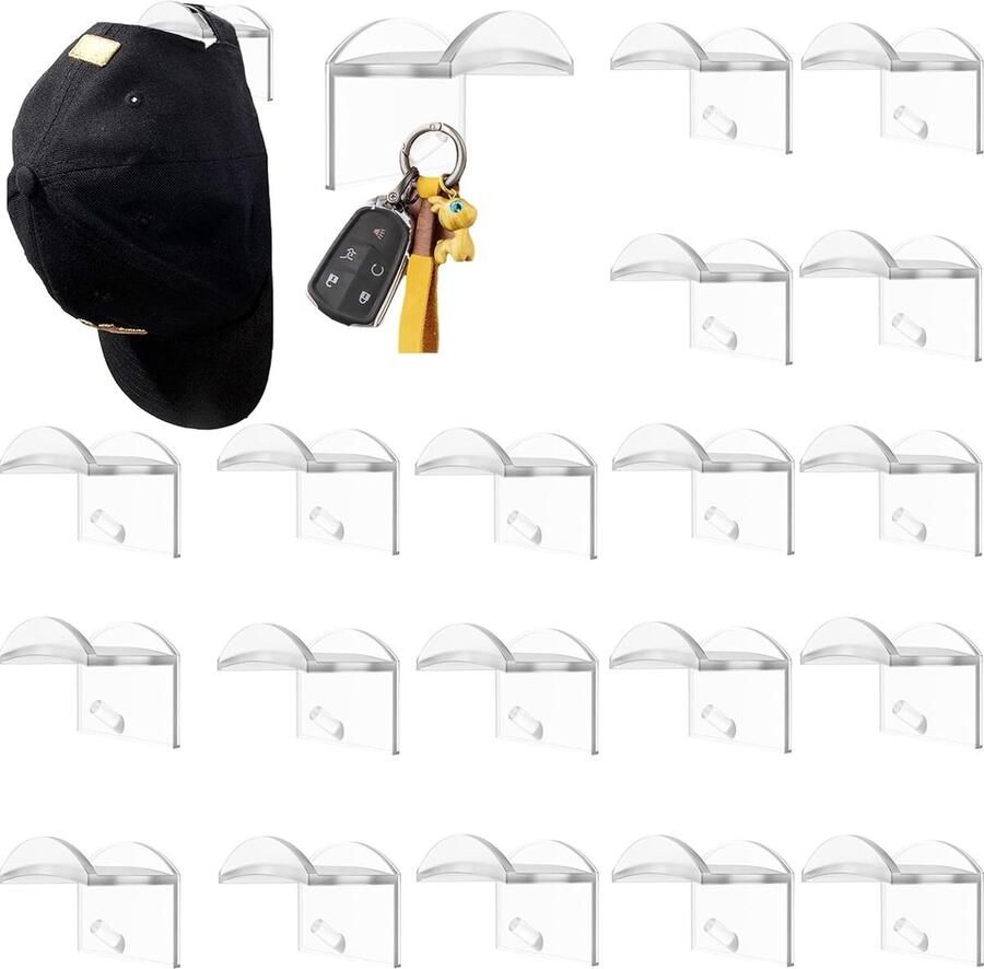 Hoedenstandaard voor baseballpetten Hoedenhaak voor muur Hoedenkettinghouder Hoedendisplay Hoedenorganizer voor sjaalriem Haarbanden Koptelefoon Zelfklevend zonder boren (20 transparant)