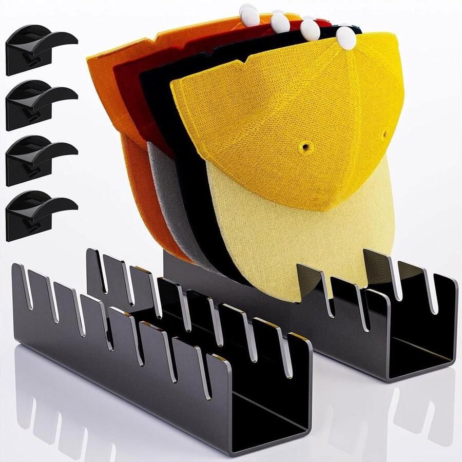 Hoedenstandaards Acryl Zwart Set van 2 Kaphouder voor 14 Baseballcaps Met 4 Hoedhaken kledingkasten slaapkamer