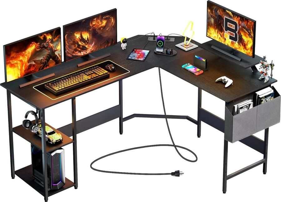 Hoek Computerbureau met Stekkerdoos 150x120cm Ergonomisch L-vormig Gaming Bureau PC Gamertafel Omkeerbare 2 Planken Verplaatsbare Monitorstandaard Zijvak Koptelefoonhaak Speel Werk Thuis