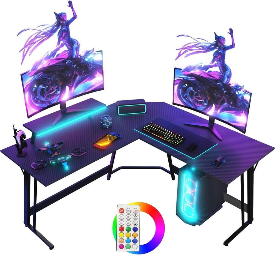 Hoek Gamingbureau 130 x 130 cm L-Vorm Computerbureau met Schermhouder voor Gaming en Studie Carbon Zwart met LED