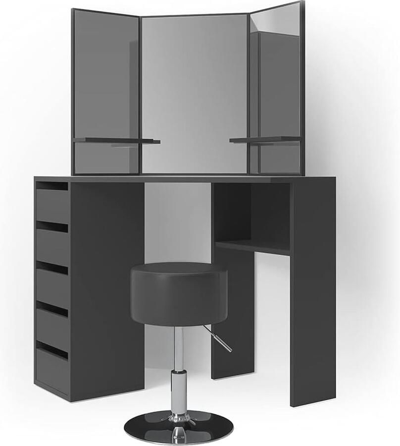 Hoek Kaptafel met Drievoudige Spiegel en Kruk Zwart 110 cm