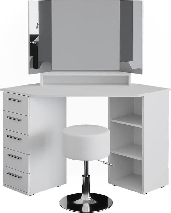 Hoek kaptafel met spiegel Wit 128 cm met krukje