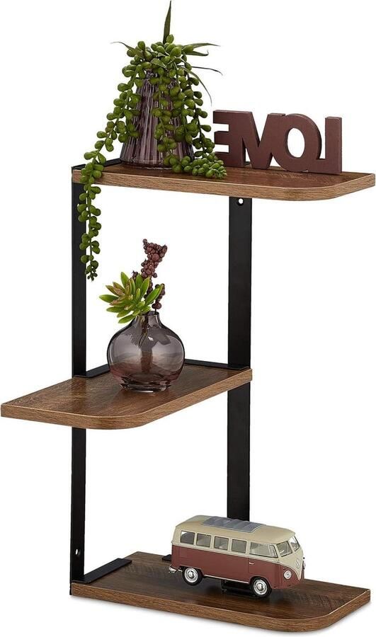 Hoek Wandrek 3 Planken Hoogte 425x265x265 cm Woonkamer Keuken MDF Metaal Bruin Zwart corner shelf wall