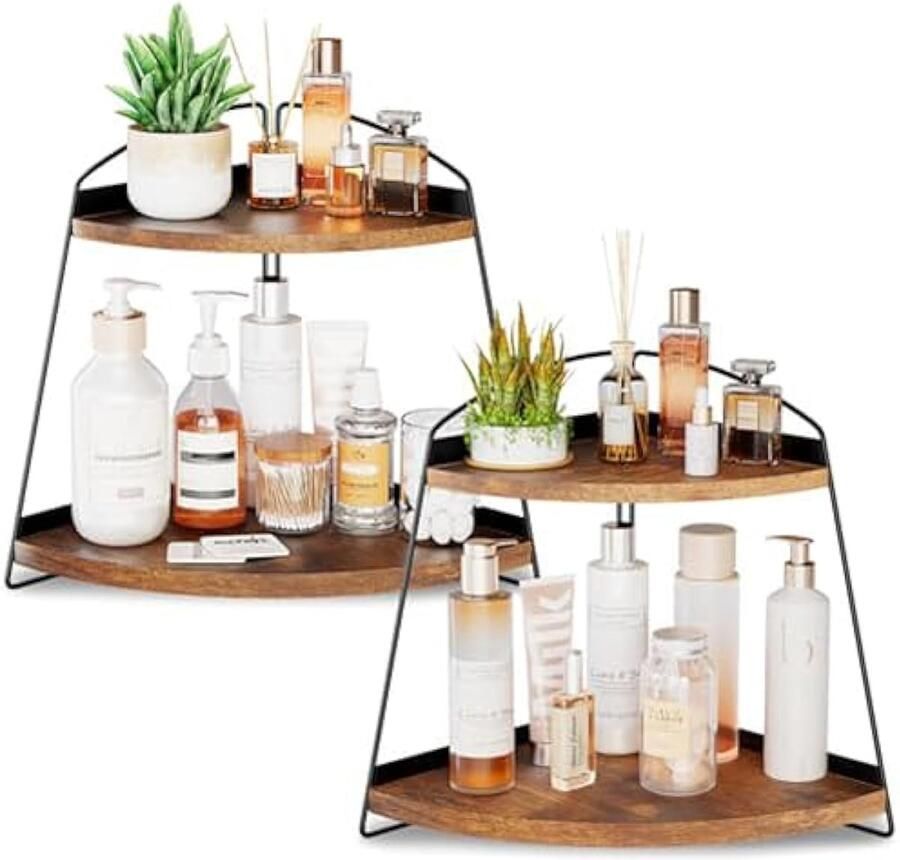 Hoekbadkamer Counter Organizer 2 Tier Corner Countertop Organizer Vanity Plank Houten Badkamer Organisatoren en Opslag voor Huidverzorging Bruin 2 Pack