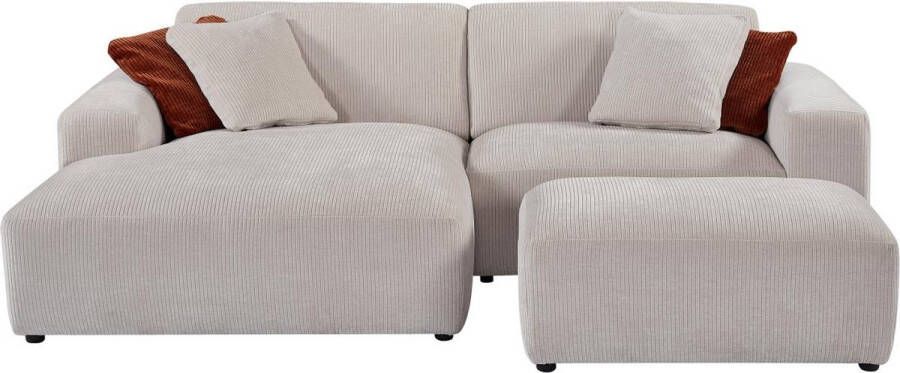 Maison Céphy Hoekbank met hoek links en poef van beige ribfluweel TIRONO van L 254 cm x H 80 cm x D 161 cm - Foto 3