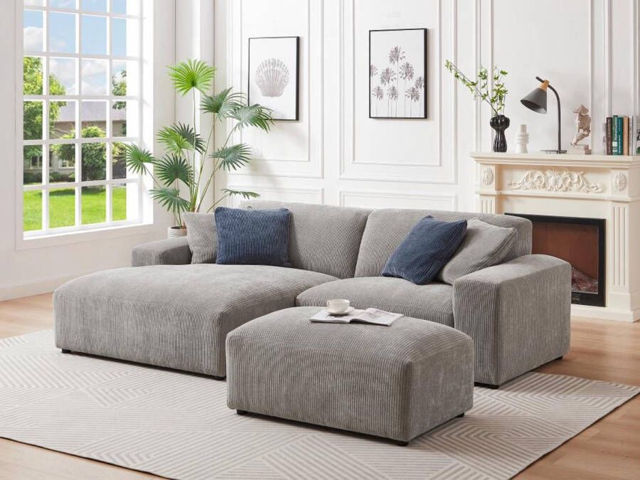 Hoekbank met hoek links en poef van grijs ribfluweel TIRONO L 254 cm x H 80 cm x D 161 cm