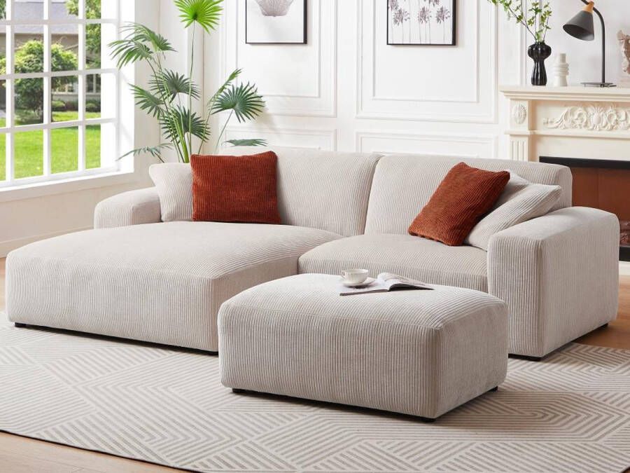 Vente-unique Hoekbank met hoek links van beige ribfluweel TIRONO van Maison Céphy L 254 cm x H 80 cm x D 161 cm