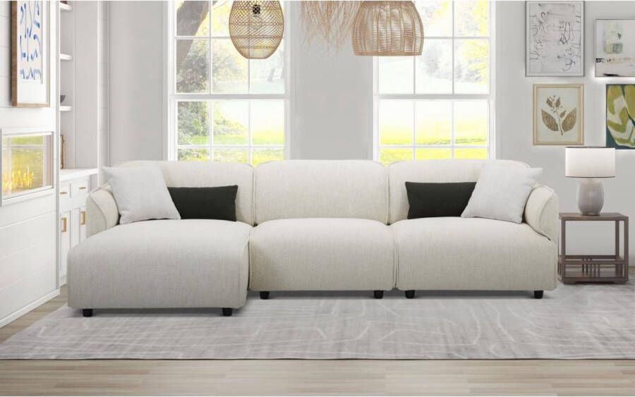 Hoekbank met hoek links van beige stof DAMACA L 287 cm x H 78 cm x D 145 cm