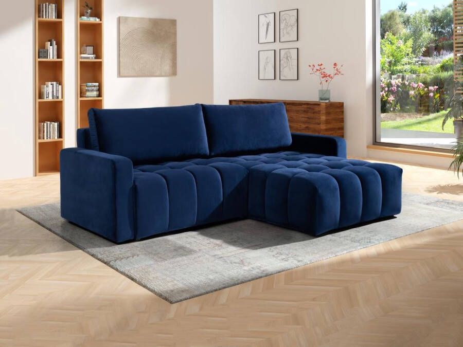 Hoekbank met hoek rechts en blauwe fluwelen bekleding ESILIA II L 288 cm x H 95 cm x D 180 cm