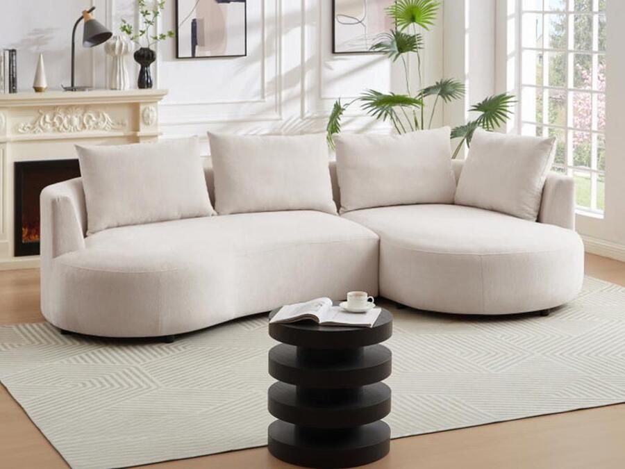 Vente-unique Hoekbank met hoek rechts van beige velours met textuur LOUSADO L 285 cm x H 87 cm x D 158 cm - Foto 3