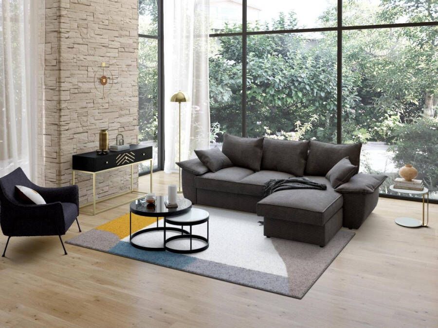 Vente-unique Hoekbank met hoek rechts met opbergruimte Donkergrijs ribfluweel GUILLERMO L 257 cm x H 88 cm x D 168 cm