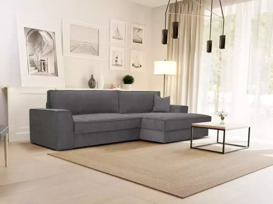 Hoekbank rechts van grijze stof AXELLE L 300 cm x H 80 cm x D 170 cm