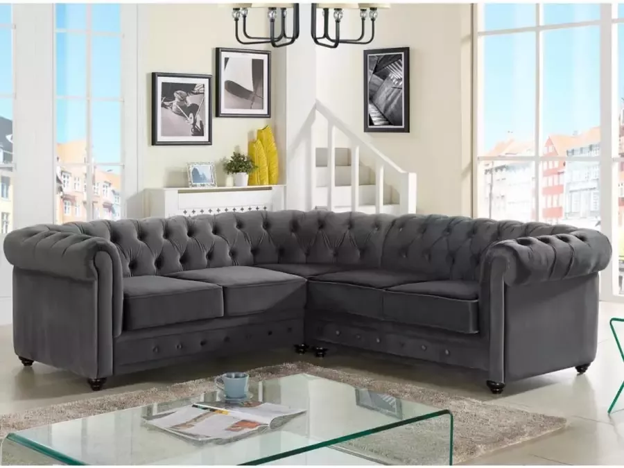 Vente-unique Hoekbank van fluweel CHESTERFIELD Antraciet L 220 cm x H 74 cm x D 220 cm - Foto 2
