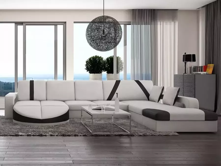 Vente-unique Hoekbank van kunstleer MINTIKA wit met zwarte randen L 337 cm x H 80 cm x D 211 cm - Foto 3