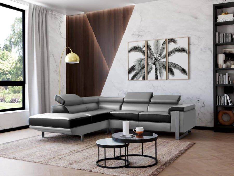 Vente-unique Hoekbank van leer MYSTIQUE Tweekleurig zwart en grijs Hoek links L 253 cm x H 87 cm x D 213 cm