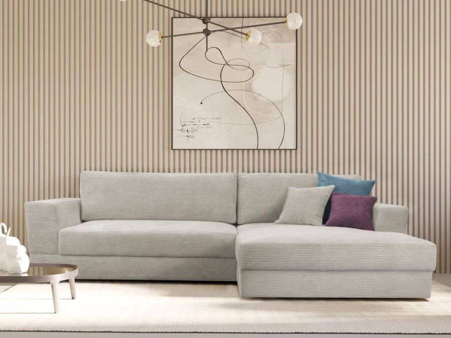 Hoekbank van lichtgrijs ribfluweel met hoek rechts CURIPINA L 300 cm x H 88 cm x D 170 cm
