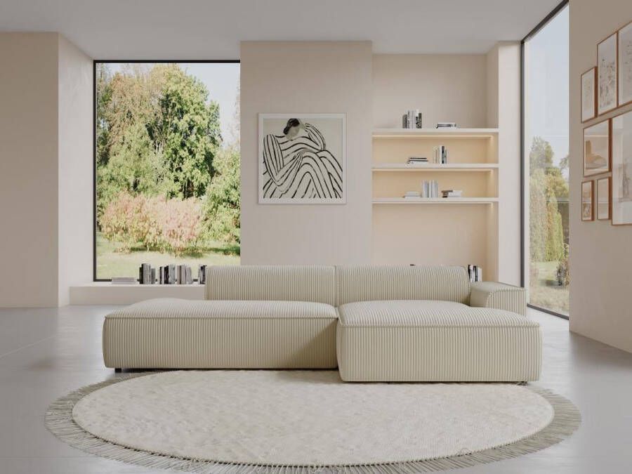 Vente-unique Hoekbank van ribfluweel – Rechtse hoek – Crèmekleur – NEPIRI L 300 cm x H 70 cm x D 155 cm