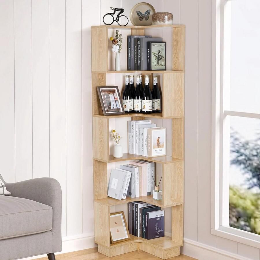 Hoekboekenkast rek met 5 etages 175 cm hoog houten hoekrek groot open boekenkast opbergrek met apparaten staand rek voor woonkamer slaapkamer werkkamer en kantoor